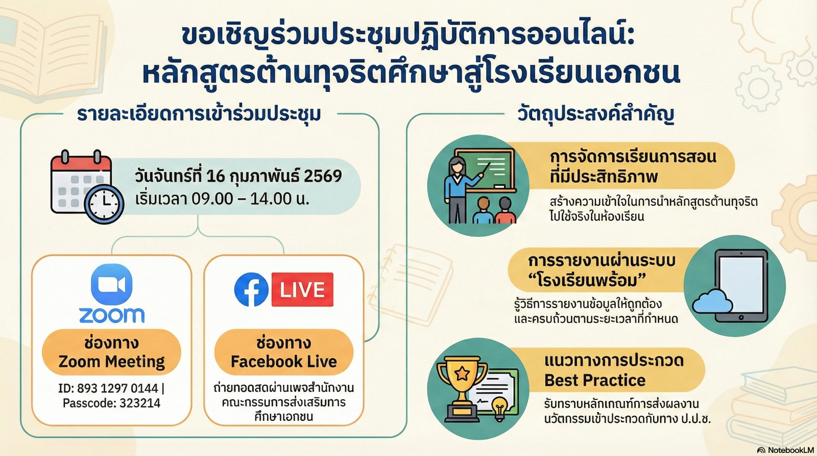 ขอเชิญเข้าร่วมการประชุมปฏิบัติการออนไลน์ เรื่อง หลักสูตรต้านทุจริตศึกษาสู่การจัดการเรียนการสอนในโรงเรียนเอกชน